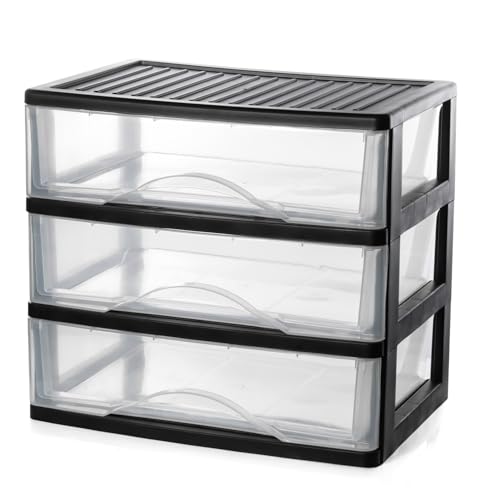 BYCY Medium 3 Drawer Plastic Clear Stacking Desktop Organizer for Office Supplies, Stackable Storage Drawers Storage Bins For Kitchen Cabinets, Pantry, Home Organization (Black, Medium 3Drawer) - size: Medium 3Drawer