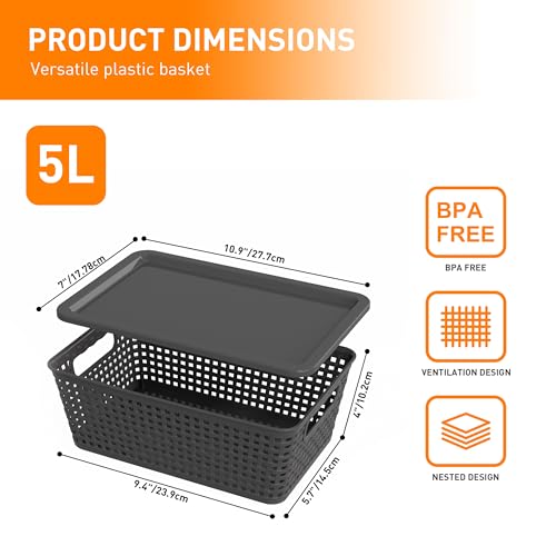 Plastic Storage Baskets With Lid, Storage Bins for Organizing, Stackable Decorative Containers for Shelves Drawers Desktop Closet Playroom Classroom Office,10 Pack-Grey - color: Grey, size: 10 Pack