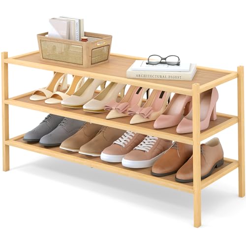 Smiry Bamboo Long Shoe Rack, 3 Tier Shoe Organizer for Entryway & Closet, Stackable Free Standing Storage Shelf for Shoes, Bags & Plants, Natural - color: Natural, size: 3 Tier - Long