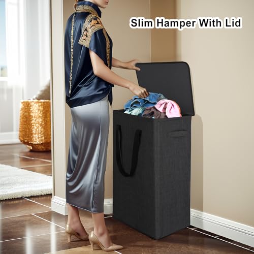 Odonata 75L Slim Laundry Hamper with Lid,Large Foldable Laundry Basket with Removable Bag and Handles Tall Collapsible Dirty Clothes Basket Great for Bedroom, Bathroom, Dorm, College,RV.(Black, 75L) - color: Black