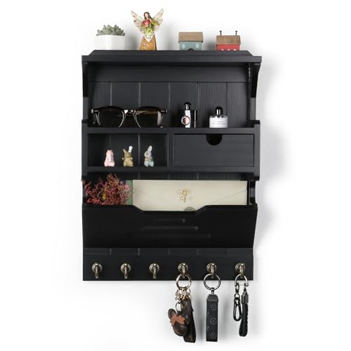 Key Holder for Wall, Elegant Wall-Mounted Mail Organizer with Storage Drawers & 6 Key Hooks, Pine Wood Luxury Black