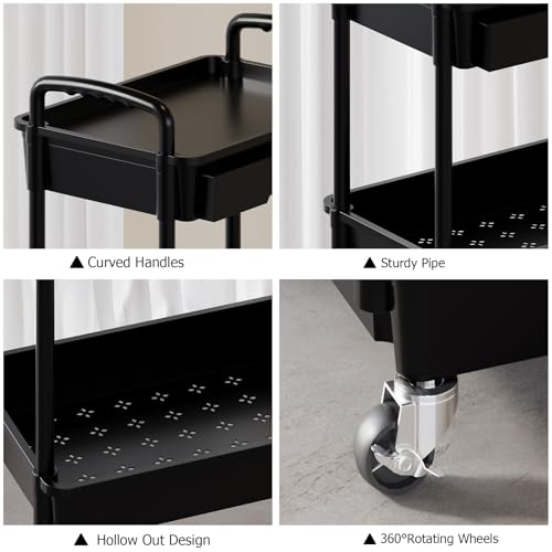 3 Tier Rolling Utility Cart with Drawer, Plastic Storage Organizer Rolling Carts with Wheels Handles Hanging Cups Hooks for Office, Bathroom, Kitchen,Craft Art Room (Black) - color: Black, size: 3-Tier