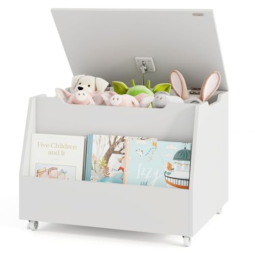 Costzon Kids Toy Box, Wooden Mobile Toy Storage Organizer with Bookshelf & Lockable Wheels for Girls Boys, Toy Storage Chest Bench for Toddler Room, Playroom, Bedroom, Living Room, Nursery - color: White, style: Classic