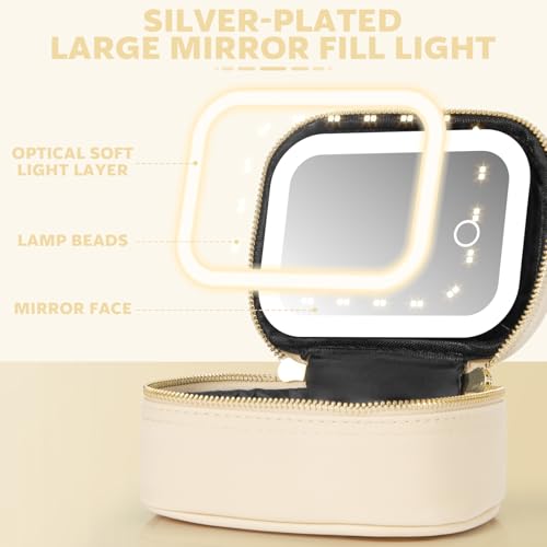 Mini Makeup Bag with Led Mirror,Small Travel Make up Bag 3 Light Modes Adjustable Brightness, for Women Organizer Cosmetic Bag, Portable Travel Train Toiletry Bag, for Pool Parties Work Touch-Ups - color: Beige