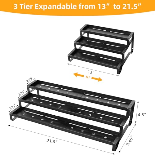 3-Tier Spice Rack Organizer, 13"-21.5" Expandable Spice Organization Shelf, Metal Seasoning Organizer for Kitchen Countertop or Pantry, Slip-Resistant Design for Jars and Bottles, Black - color: Black