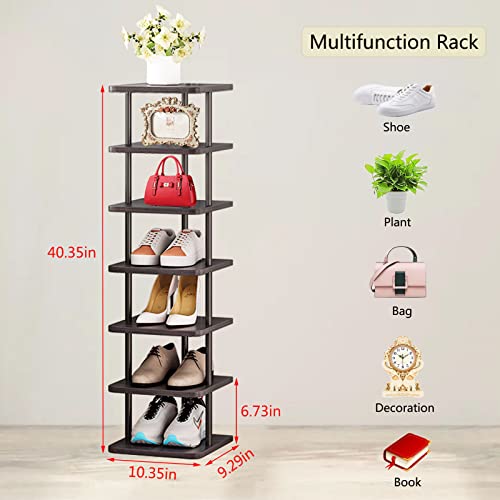 SORCEDAS 7 Tiers Vertical Shoe Rack Wooden Shoe Storage Organizer for Space Saving Narrow Shoe Shelf Storage 7 Pairs for Entryway Living Room Bedroom(Black + Rustic Dark Brown) - color: Black + Rustic Dark Brown, size: 7 Tier-Standard