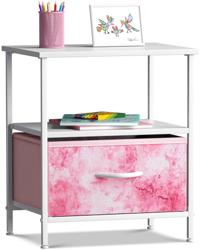 Sorbus 1 Drawer Shelf Storage Nightstand - Kids Bedside Furniture End Table Night Stand with Steel Frame Wood Top & Easy Pull Fabric Bins. Dresser & Chest for Home Bedroom Accessories Office & College - color: Tie-dye Pink, style: 1 Drawer
