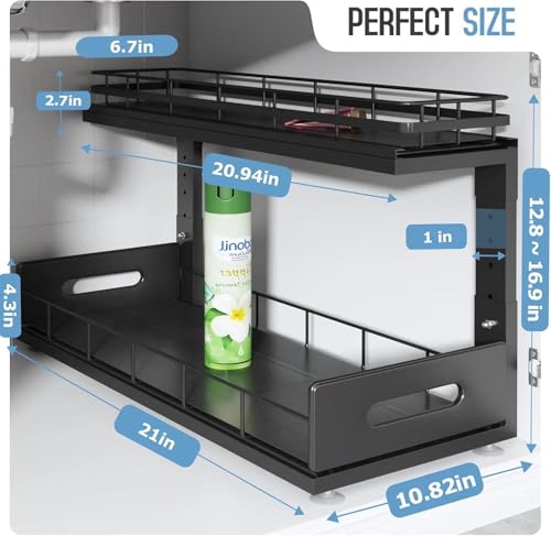 Under Sink Organizer Upgrade To Professional Rails,2-Tier Dual Pull Out Cabinet Storage,Height Adjustable Slide Out Drawers For Bathroom Kitchen,1 Pack-21"Dx12.8"-16.9"H,Black - color: Black, size: 1 Pack-21"Dx12.8"-16.9"H