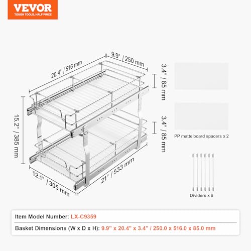 VEVOR Pull Out Cabinet Organizer, 12"W x 21"Dx15.2"H Heavy Duty Slide Out Pantry Shelves, Chrome-Plated Steel Roll Out Drawers for Home,13.5"Wx22"Dx19"H Inside Kitchen Cabinet, Bathroom, Under Sink - size: 12"W x 21"Dx15.2"H