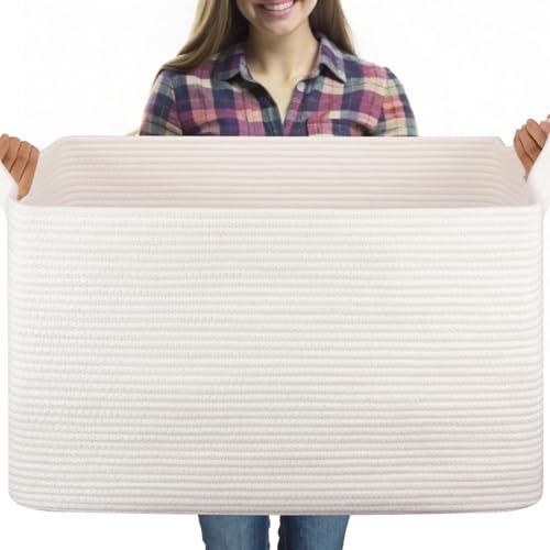 OIASKET 95L Extra Large Blanket Basket, 24" x 16.9" x 14.2" Woven Storage Basket for Living Room, Rectangle Nursery Blanket Storage for Toys, Towels, Dirty Clothes (White) - color: White, size: 24"x16.9"x14.2"