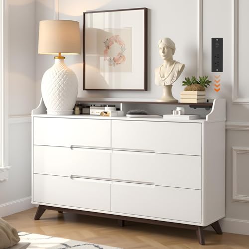 Dresser for Bedroom with 6 Drawers, 55" Large Dresser w/Charging Station, Open Shelf Top, Pre-Installed Slides, Wood Closet Clothes Storage Long Dressers for Bedroom, Living Room, Hallway, White - color: White, size: 16"D x 55"W x 37"H (6 Drawers)