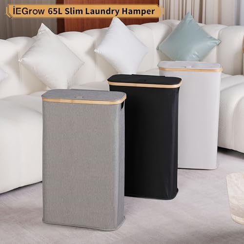 65L Slim Laundry Hamper, Narrow Laundry Basket with Lid,Foldable Clothes Hamper with Bamboo Handles,Hamper Basket with Removable Inner Bag for Laundry Room Bedroom College Dorm,17.17 Gals（Light Grey） - color: Light Grey, size: 65L