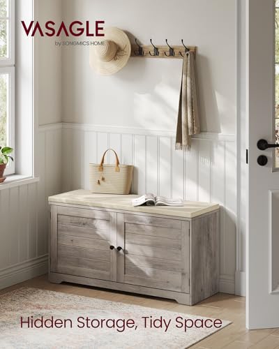 VASAGLE Shoe Storage Bench with Cushion, 3-Tier Entryway Bench with Padded Seat, Doors, Adjustable Shelves, 14 x 39.8 x 20.7 Inches, Hallway, Bedroom, Heather Greige and Cappuccino Beige ULSB044L01 - color: Heather Greige + Cappuccino Beige, size: 14"D x