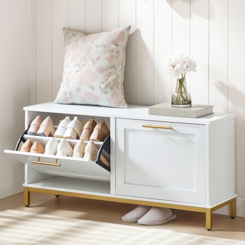 HOOBRO Shoe Bench with Storage, Shoe Storage Bench with 2 Flip Drawers, 39.4" Shoe Cabinet with Bench, Hidden Shoe Rack Organizer for Entryway, Foyer, Hallway, White and Gold DW48HX01 - color: White + Gold