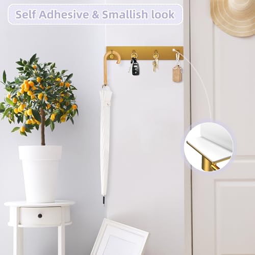 VIS'V Key Holder Wall Mount, Large Metal Self Adhesive Key Hanger with 4 Hooks, No Drilling, Extra Adhesive Strip, Gold - color: Gold