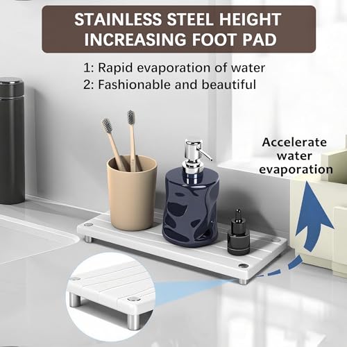 Quick Dry Sink Caddy Kitchen Sink Organizer, Water Absorbing Stone Tray for Sink, Stone Drying Tray, Diatomite Faucet Mat & Protector, Dispenser Sponge Holder, Stone Soap Tray for Bathroom Counter - color: White Metal Foot Wave Large