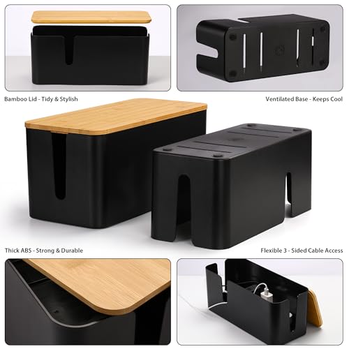 ZhiYo Bamboo Lid Cord Organizer Box, 2Pack Large Cable Management Box, Safe ABS Wire Organizer for TV and Computer, Wood Cover Cord Hider to Hide Wires, USB Hub & Under Desk Power Strip, Black - color: Black, size: XL + L