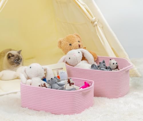 CubesLand Cute and Durable Small Cotton Rope Basket for Organizing, Woven Closet Storage Bin,Shelves Closet Storage Basket, Bathroom Storage Organizer Bin, Nursery Toy Basket Bin, Pink Basket - color: Pink, size: 14''x10''x5''