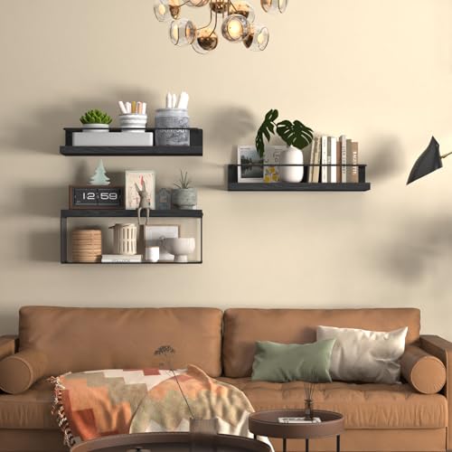 PopiShelves Bathroom Shelves Over Toilet for Wall, Floating Shelves with Storage Basket Paper Holer for Kitchen Living Room, Bedroom & Classroom, Set of 3 (Black) - color: Black, size: 15.7"