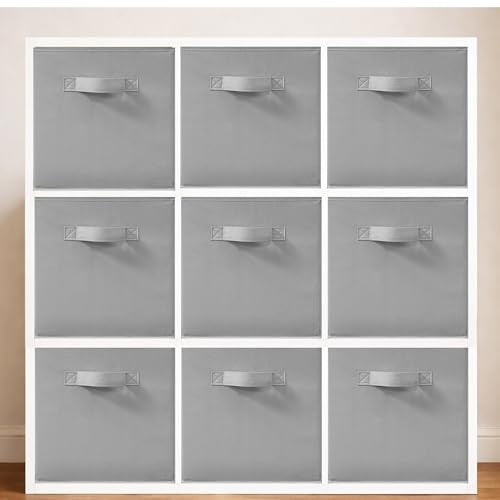 11 Inch Fabric Storage Bins, Storage Cubes, Collapsible Cube Storage Box, Fabric Closet Organizers with Handle for Home, Office, Shelf, Closets, Bedroom, Living Room, Grey, 9 Pack - size: 9 PACK