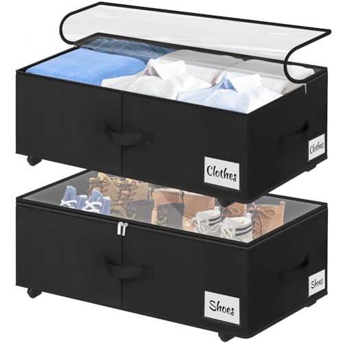 Under Bed Storage with Wheels, 2-Pack 10" Height XXL 60L Rolling Storage Bins, Quick Assembly Underbed Shoe Storage Containers with Clear Lid & Label, Dorm Under Bed Drawers for Clothes, Shoes, Grey - color: Black-2 Pack, size: 9.5 Inch Tall - Clear Lid