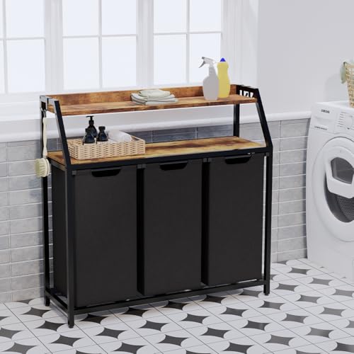 Timberer Laundry Hamper, Laundry Sorter 3 Section, Rolling Laundry Basket with Wheels, 2 Shelves, 3 × 14.5 Gal, Pull-Out and Removable Oxford Fabric Bags, for Laundry Room, Black and Rustic Brown - color: Black + Rustic Brown, size: 3 Bags (40.9"L x 12.9"