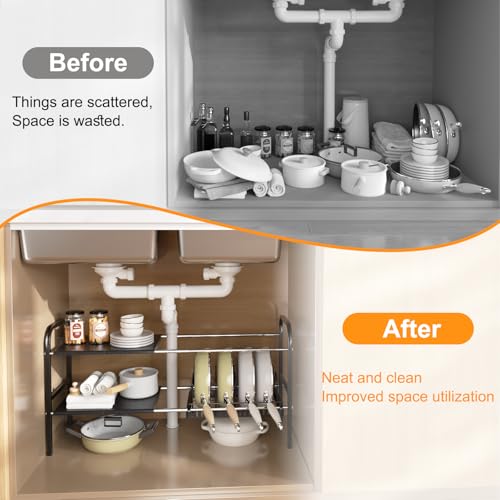 Under Sink Organizer 2 Tier Kitchen Storage Rack, Expandable Pot and Pan Organizer with Adjustable Height & 4 Dividers, Removable Kitchen Shelf for Cabinet, Countertop(4panels,1 Pot rack, Black)