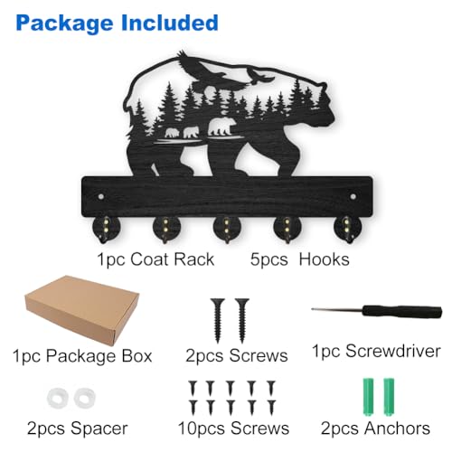 MAYJOYDIY Bear Forest Bird Coat Rack Wall Mount 11.8×7.9inch Bear Wall Art Decor Wildlife Animal Key Holder for Wall Black Wooden Key Hanger Rack 5 Alloy Hooks for Kitchen Bedroom Entryway Gifts - color: Bear Forest Eagle