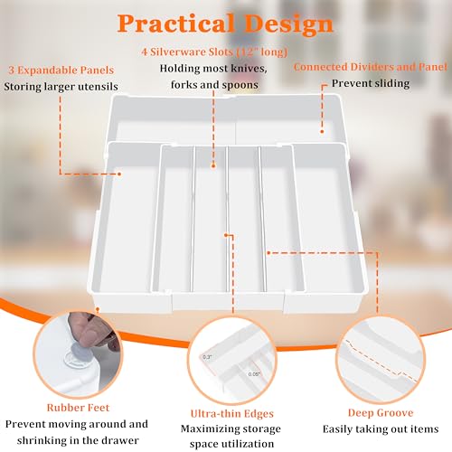 Spaclear Expandable Large Silverware Organizer - BPA-Free Utensil Organizer for Kitchen Drawer, Adjustable Silverware Drawer Organizer Flatware Cutlery Tray for Spoons Forks Knives,10.2"-17.2" Wide - color: White