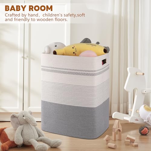 80L Large Cotton Rope Laundry Basket for Bedroom & Laundry Room, Tall Clothes Hamper with Sturdy Handles, Neutral Storage Bin Capable of Holding Blankets and Toys - color: Grey & White, size: 80L