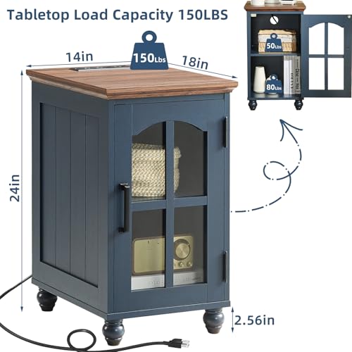Narrow Side Table Set of 2,Farmhouse Nightstand with Charging Station,End Table with Glass Barn Door Storage, Cabinet Organizer with Adjustable Shelf, Night Stand for Small Spaces Living Room Bedroom - color: Blue, size: Set 2