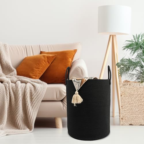 Woven Cotton Rope Laundry basket-15”X20” Laundry Hamper-Rope Storage Basket for Dirty Clothes, Toys and Blankets Perfect for Bathroom, Baby nursery and Living Room Storage (black) - color: black, size: regular