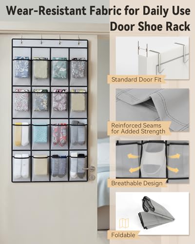 dodowin Over the Door Shoe Organizer Rack, 16 Large Breathable Mesh Pockets, Foldable Hanging Storage Holder for Closet Door, Space Saving Shoe & Accessory Organizer with 4 Metal Hooks, Gray - color: Gray, size: 16 Pockets
