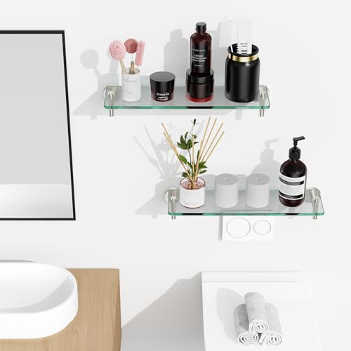 Glass Shelves for Bathroom,16-Inch Brushed Nickel Floating Bathroom Shelf Stainless Steel Tempered Glass Shelf Modern Shelves Wall Mounted - color: Brushed Nickel, size: 16"without railing