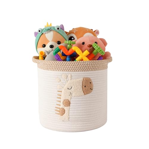 INough Toy Storage Baskets Woven Cotton Rope Storage Basket for Kids, Blanket Baskets for Living Room Toys Organizer with Embroidery Decor, Cute Baskets with Handle for Nursery, Playroom (Giraffe) - color: Giraffe, size: Medium