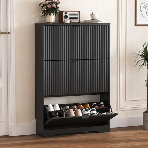 HUANLEGO Shoe Cabinet Storage for Entryway with 3 Flip Drawers, Black Fluted Shoe Cabinet with Adjustable Shelves, Wooden Hidden Shoe Rack Freestanding Narrow Slim Shoes Storage for Hallway, Entrance - color: Black, size: 3 Drawer