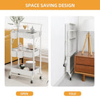 3-Tier Folding Rolling Utility Cart with Wheels, Foldable Storage Cart Organizer with 3 Hanging Cups & 6 Hooks for Kitchen, Office, Living Room, Nursery(White) - color: White