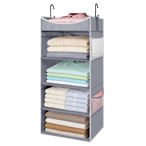 4-Shelf Hanging Closet Organizer and Storage with 4 Side Pockets, Collapsible Closet Hanging Shelves for Storage, Grey - size: 4-shelf