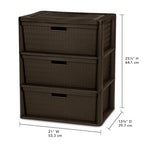 Brown Storage Drawer, 3 Drawer Plastic Weave Wide Tower with Pull Handles - color: Dark brown