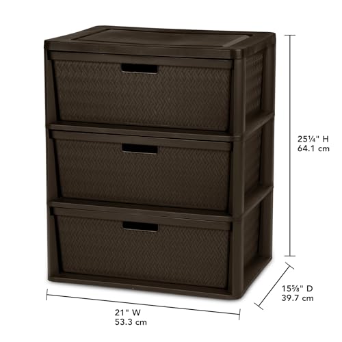 Brown Storage Drawer, 3 Drawer Plastic Weave Wide Tower with Pull Handles - color: Dark brown
