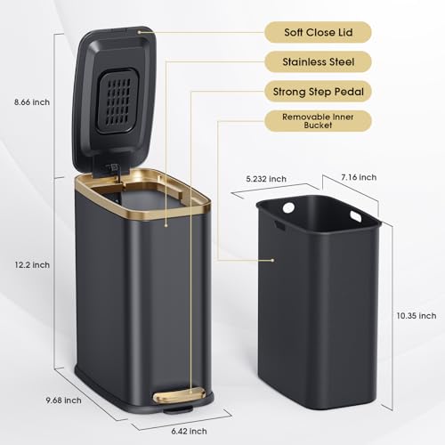 CEROELDA Small Bathroom Trash Can with Lid Soft Close-5L/1.3 Gal Slim Garbage Can-Metal Step Wastebasket-Rectangle Narrow Waste Bin for Office, Bedroom, Toilet, Live Room (Black) - color: Black