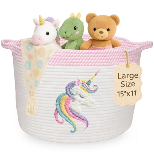 Unicorn Storage Basket for Nursery – Large 15”x11” Cotton Rope Bin with Soft Felt Animal Patch – Toy Organizer, Baby Laundry Hamper, Diaper & Towel Holder – Foldable, Washable & Baby-Safe - color: Unicorn