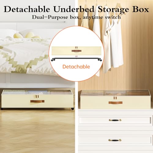 Yecaye Under Bed Storage with Wheels, 2 Pack Under Bed Storage Containers with Adjustable Dividers & Clear Lid, Rolling Underbed Organizer Bins Drawer for Clothes, Shoes, Blankets(30.3 x 16 x 6.7in) - color: Beige, size: Large(2Pack)