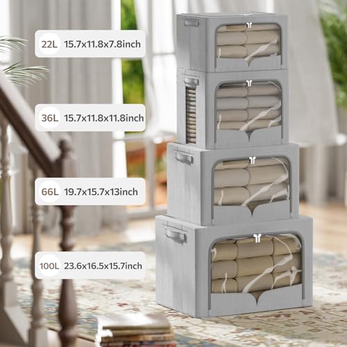 FHSQX 3 Pack Clothes Storage Bins Foldable Metal Frame Storage Box Extra Large Stackable Linen Fabric Organizer Set with Carrying Handles and Clear Window (Light Gray, 23.6x16.5x15.7inch(100L)) - color: Light Gray, size: 23.6x16.5x15.7inch(100L)
