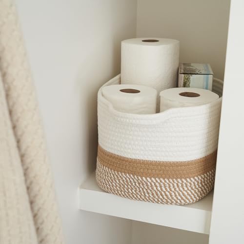 Stylish Cotton Rope Storage Basket For Dog Toys, Magazines or Books - The Perfect Woven Bin with Handles For Everyday Organization Reduces Clutter in Your Rooms - A Decorative Gift & Storage Box - color: Cream-Brown
