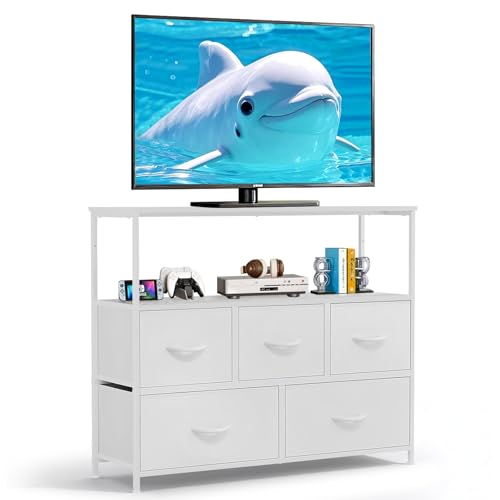 TV Stand, 5 Fabric Drawers Dresser Entertainment Center for TV up to 45 inch Wooden Media Console Table Storage Organizer with Open Shelf, for Living Room, Bedroom, or Small Space, White - color: White, size: 5 Drawers