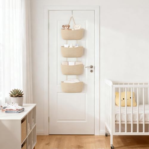 Dahey Over The Door Hanging Basket 4-Tier Woven Boho Wall Mounted Storage Organizer with Hooks for Bedroom Nursery Bathroom Apartments Dorm Pantry Decor, Jute - color: Jute, size: 4-Tier