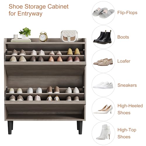 GarveeHome Shoe Cabinet with 2 Flip Drawers, Wooden Shoe Organizer Cabinet with Adjustable Shelf, Shoe Storage for Entryway, Hidden Shoe Cabinet for Hallway, Living Room, Grey - color: Grey, size: 2-Drawers