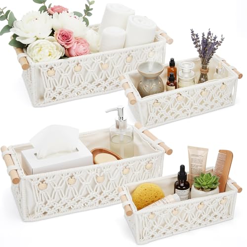 Vesici 4 Pcs White Macrame Storage Basket for Shelves 13 in 11 in Boho Storage Basket Hand Woven Boxes with Wood Handles Beads Decorative Countertop Toilet Tank Cabinet Organizer for Home Room Decor - color: White