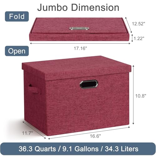 Graciadeco Large 17" 36 Quart Collapsible Stackable Storage Bins with Lids, 3 Packs Bright Red Linen Fabric Closet Boxes with Lids, Storage Cube Baskets Container Organizers for Office (17x12x11) - color: Bright Red, size: Large -3 Pack